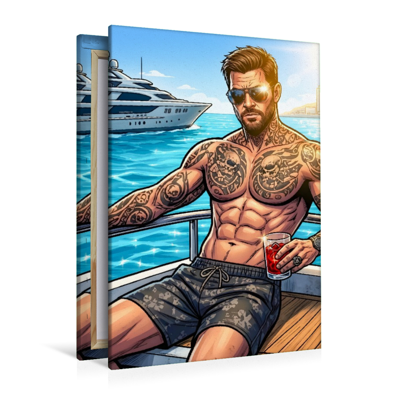 Tätowierter Sonnenbrillenträger auf einer Luxusyacht