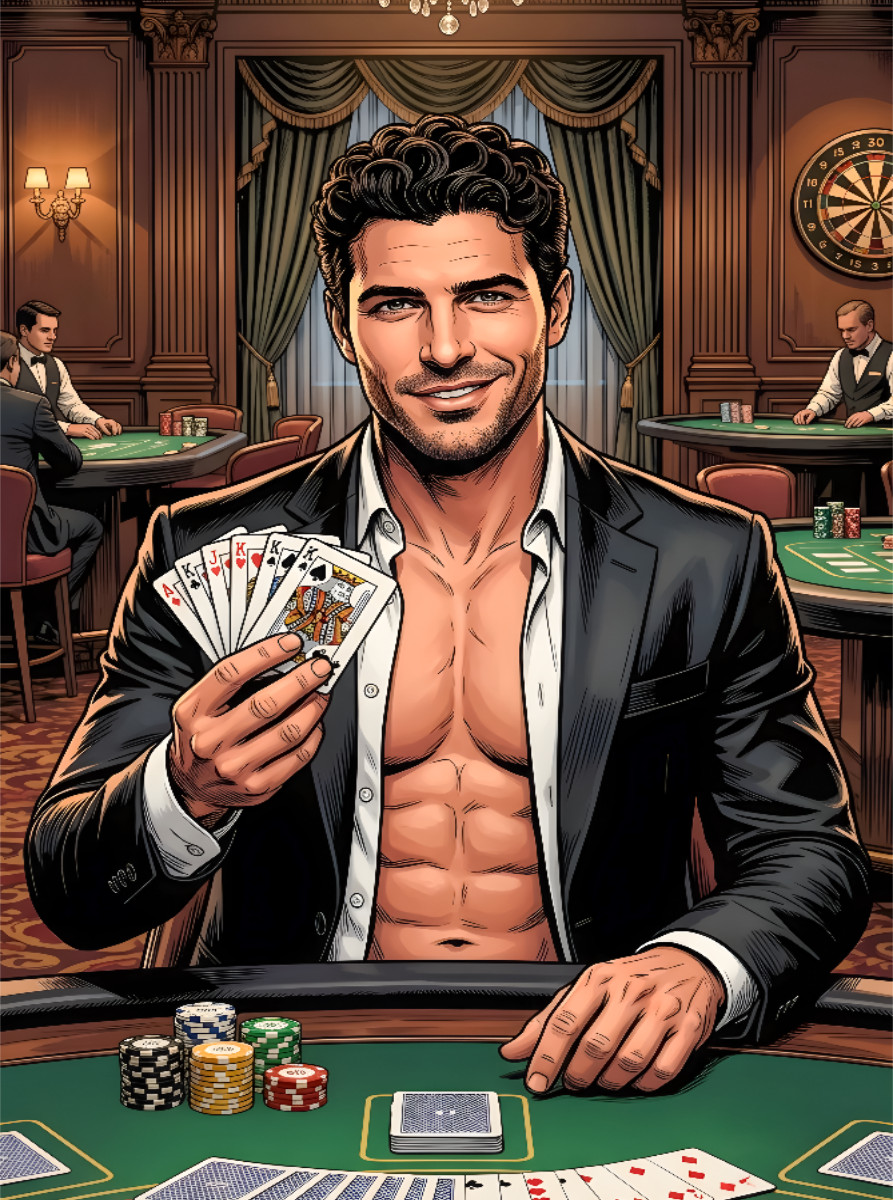 Lächelnder Zocker mit Karten am Pokertisch