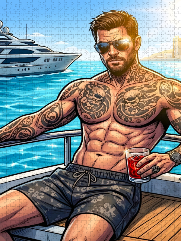 Tätowierter Sonnenbrillenträger auf einer Luxusyacht