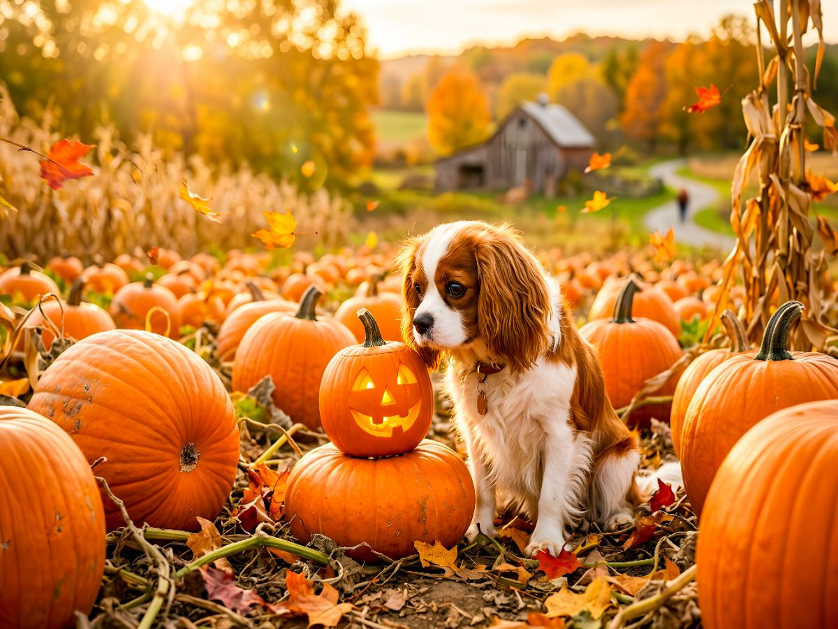 Cavalier Welpe im herbstlichen Kürbisfeld