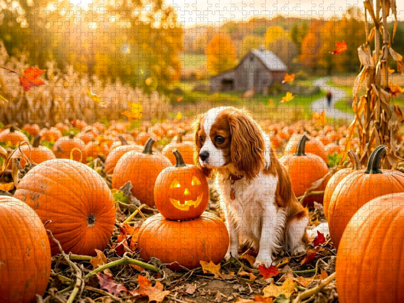 Cavalier Welpe im herbstlichen Kürbisfeld