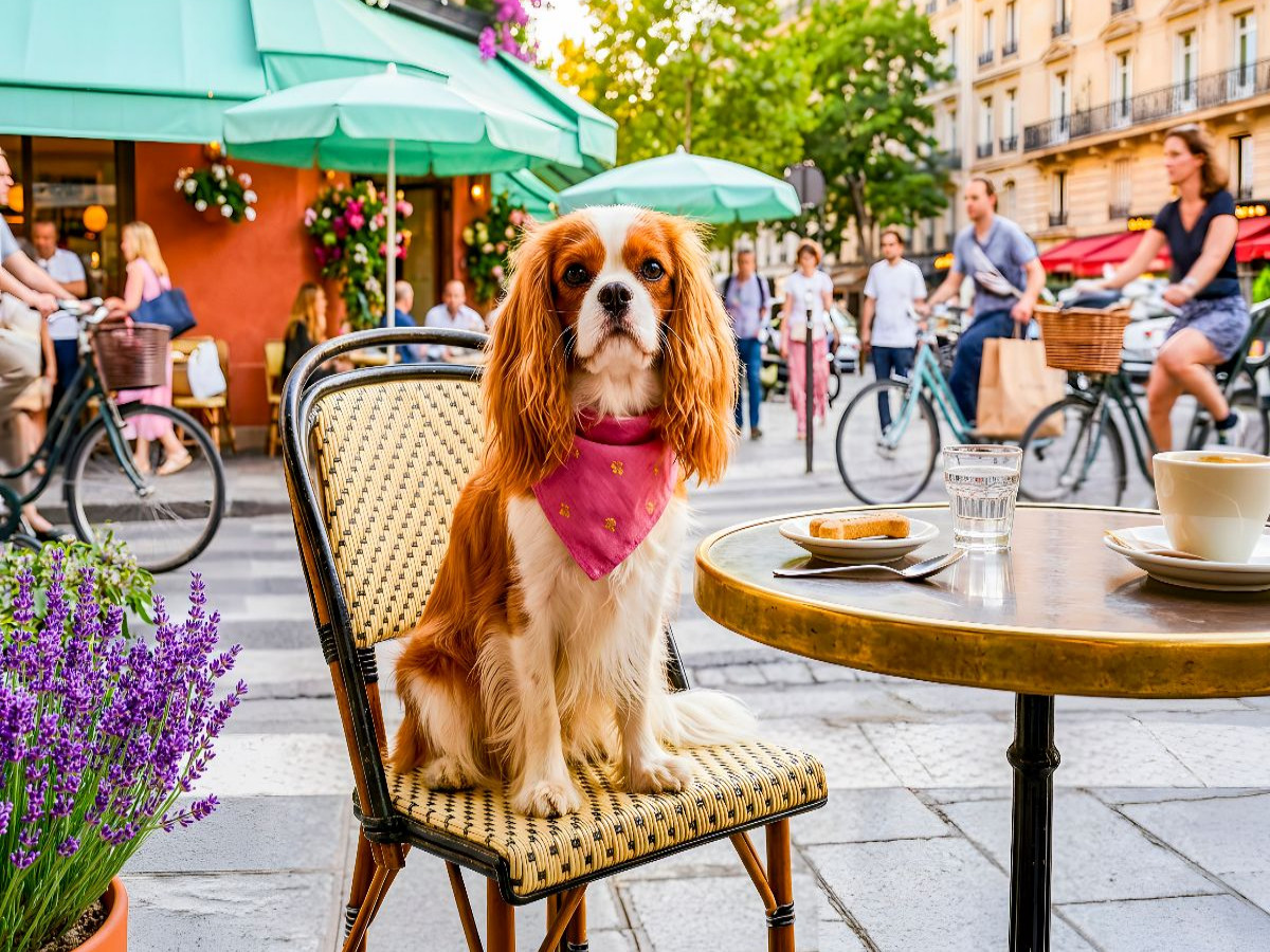 Cavalier Spaniel im lebhaften Straßencafé