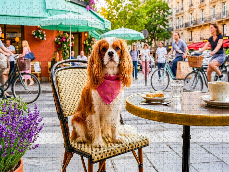 Cavalier Spaniel im lebhaften Straßencafé