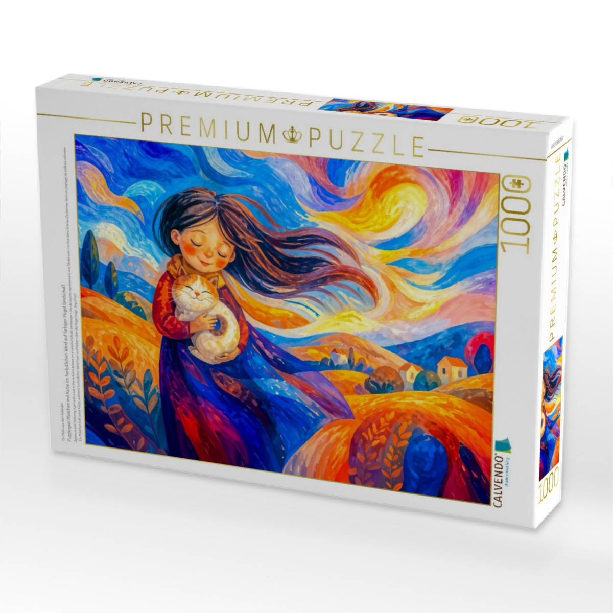 Puzzlespiel Mädchen mit Katze im herbstlichen Wind auf farbiger Hügel landschaft