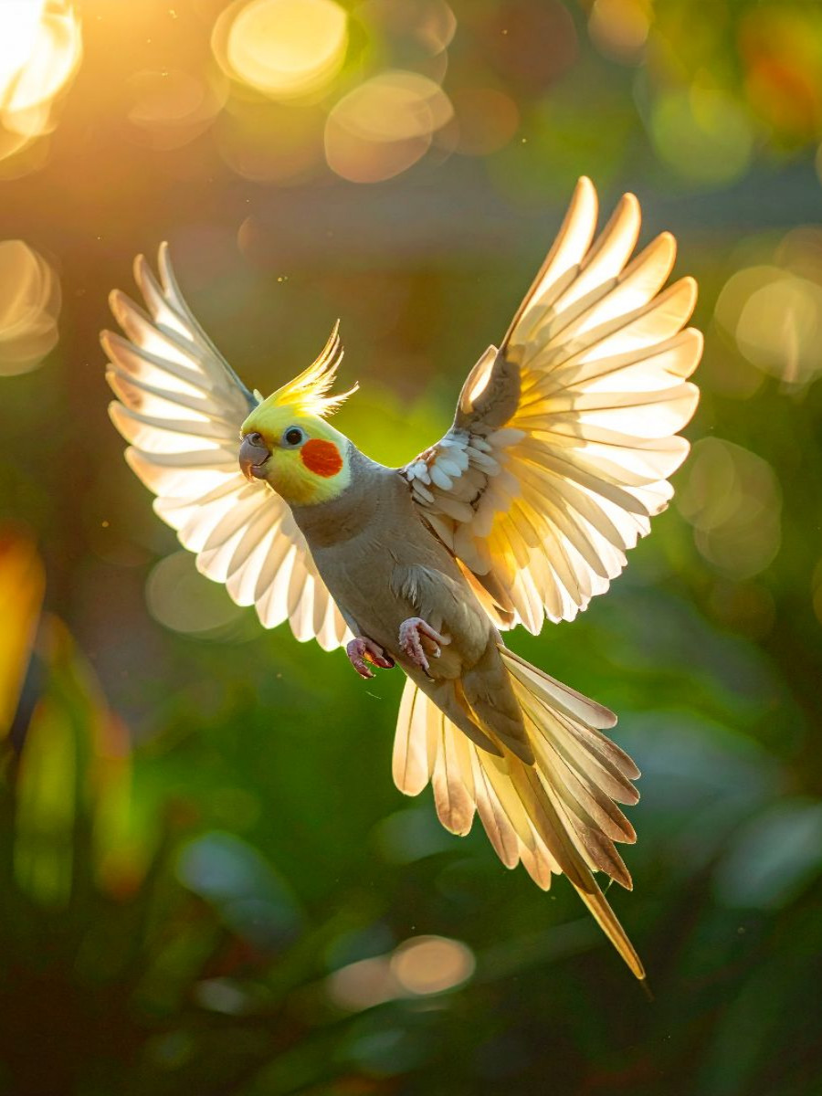 Beleuchteter Flug eines Nymphensittichs