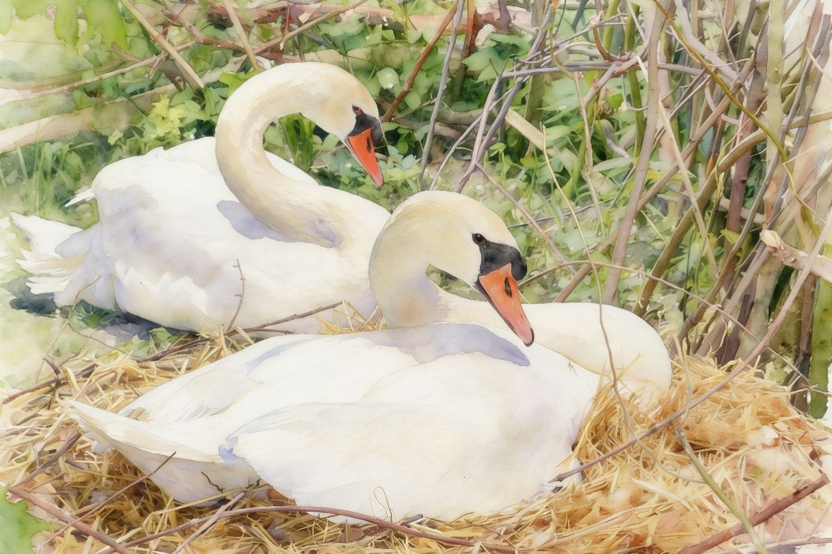 Schwäne auf ihrem Nest