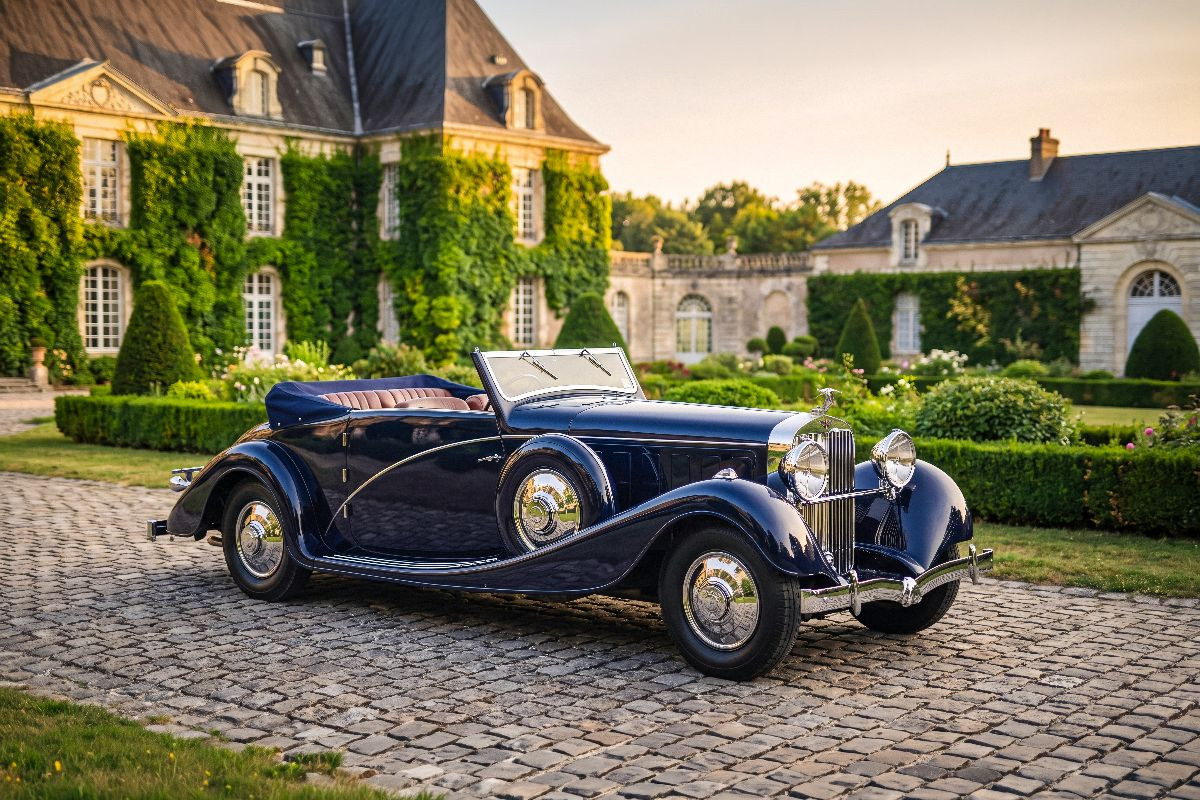 Hispano-Suiza J 12 (Frankreich, 1933) im gepflasterten Ehrenhof eines französischen Renaissance-Châteaus
