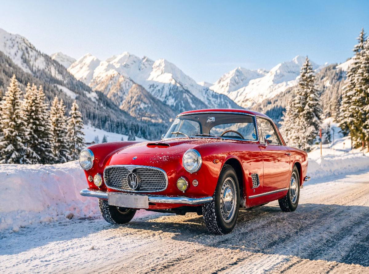 Maserati 3500 GT Coupé (Italien, 1958-61) auf schweizer Alpenstraße vor einer spektakulären Bergkulisse