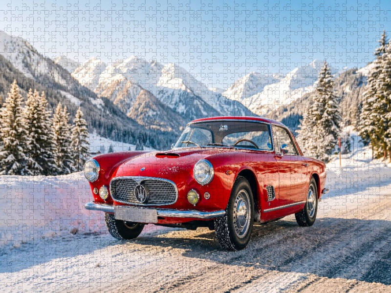 Maserati 3500 GT Coupé (Italien, 1958-61) auf schweizer Alpenstraße vor einer spektakulären Bergkulisse