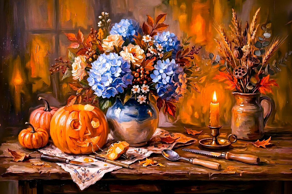 Herbstmotiv mit Hortensien und geschnitztem Kürbis im Kerzenschein