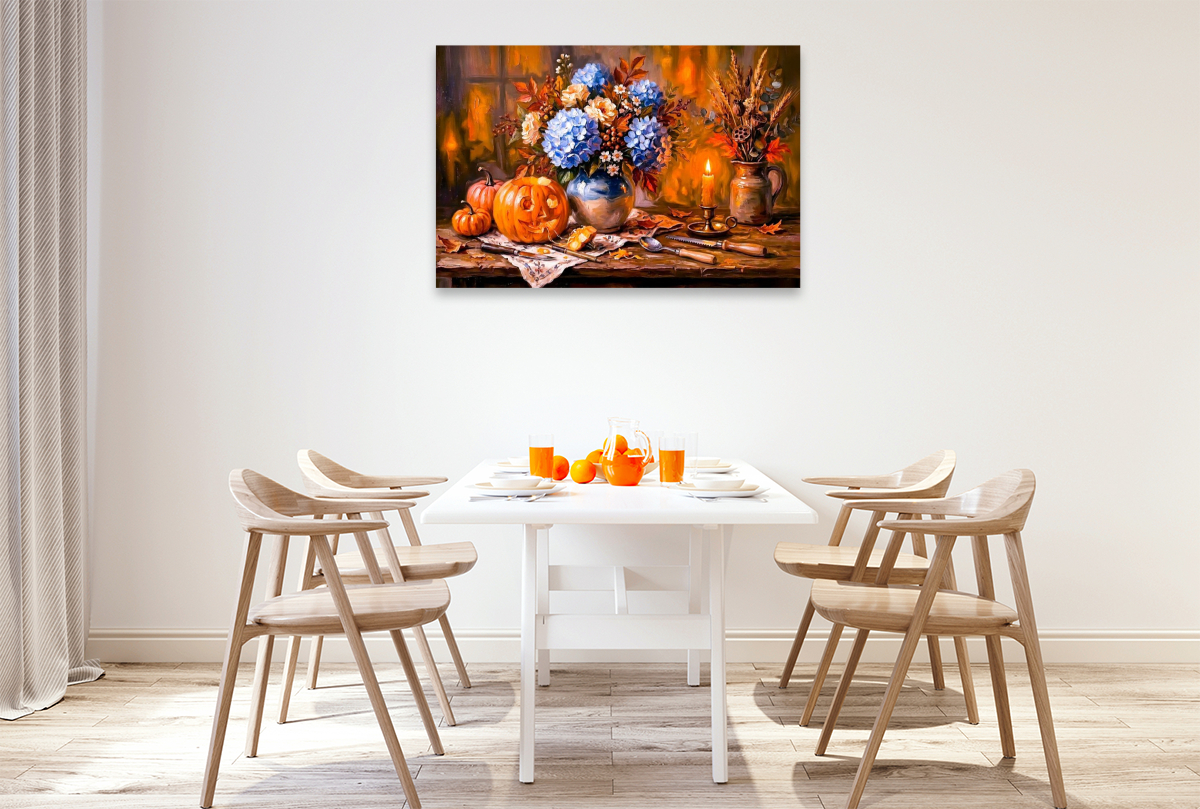 Herbstmotiv mit Hortensien und geschnitztem Kürbis im Kerzenschein