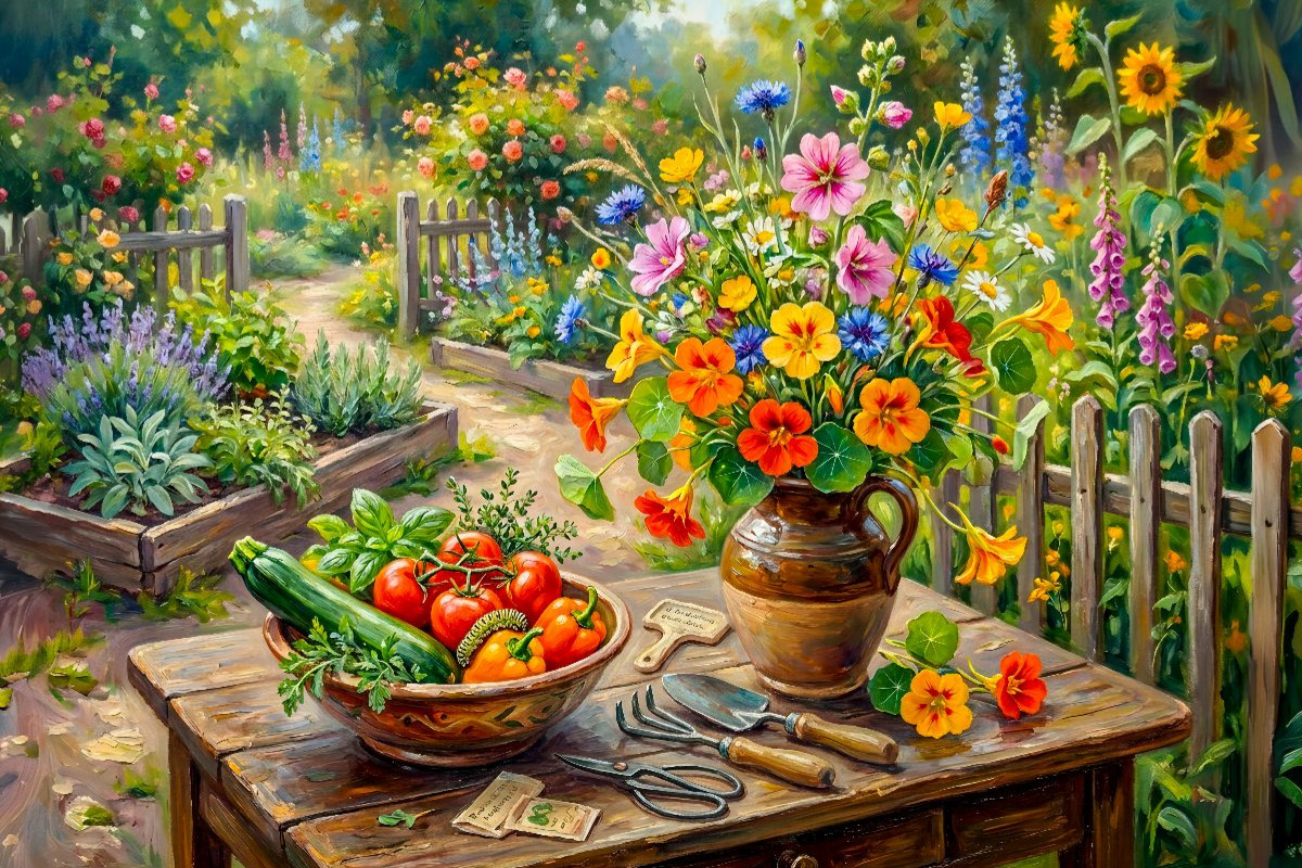 Sommerstrauß aus Malve Kapuzinerkresse und Kornblumen im Garten