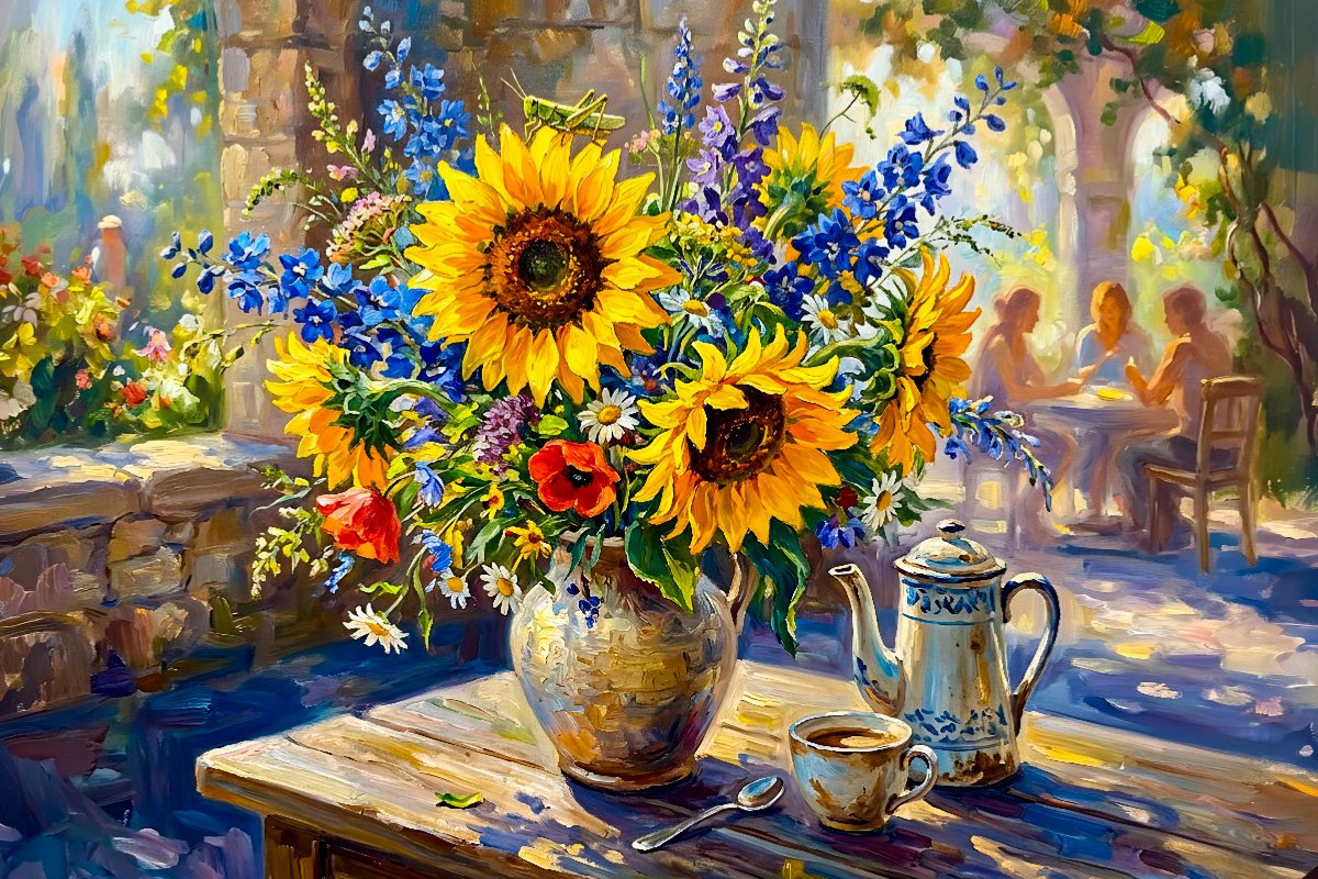 Strahlender Sommerstrauß aus Sonnenblumen und Rittersporn im Garten