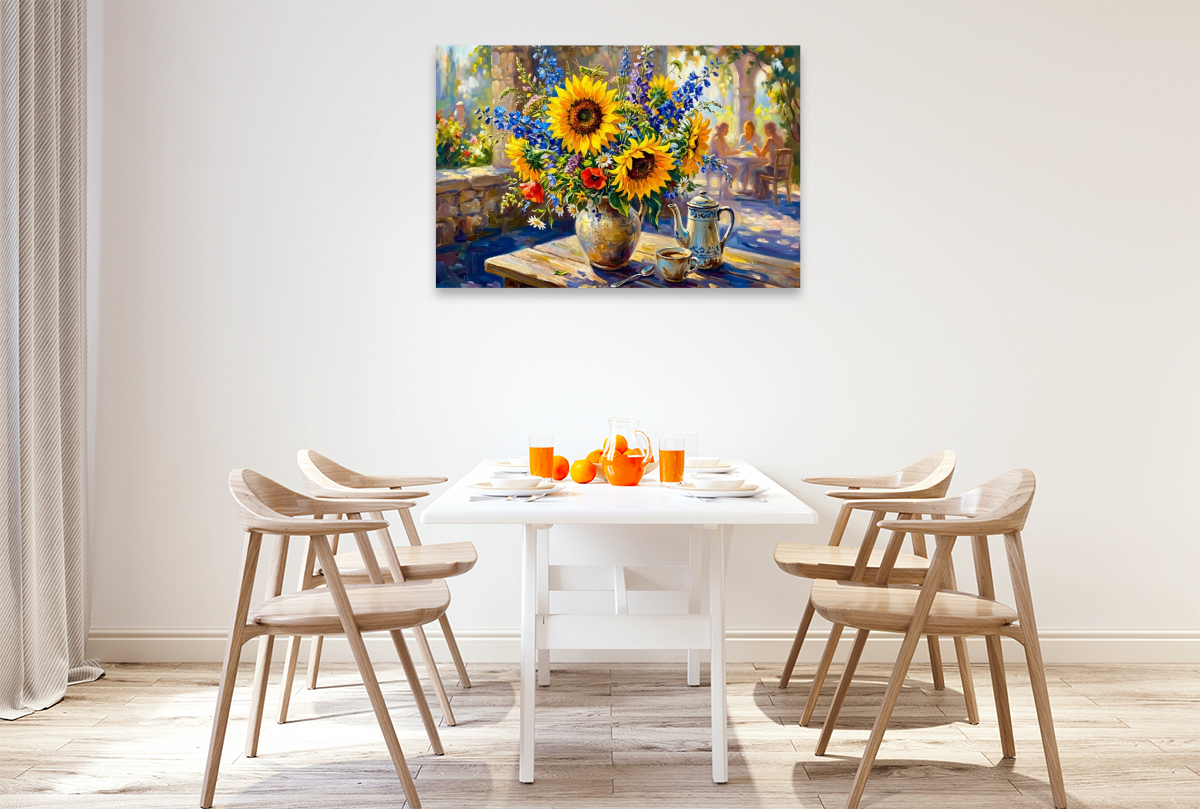 Strahlender Sommerstrauß aus Sonnenblumen und Rittersporn im Garten