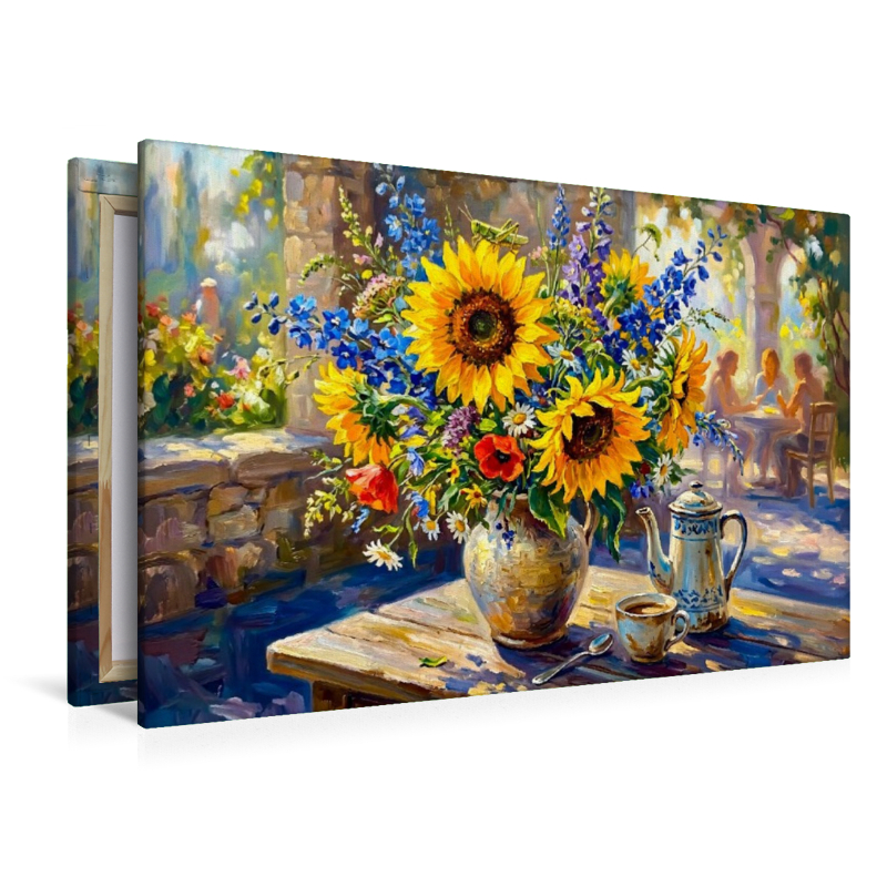 Strahlender Sommerstrauß aus Sonnenblumen und Rittersporn im Garten