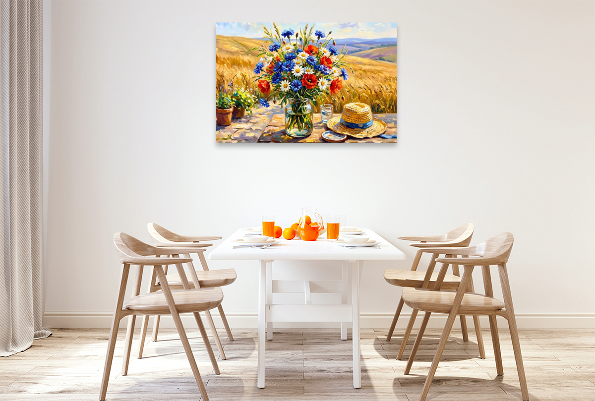 Sommerstrauß aus Mohn und Kornblumen im Hügelfeld