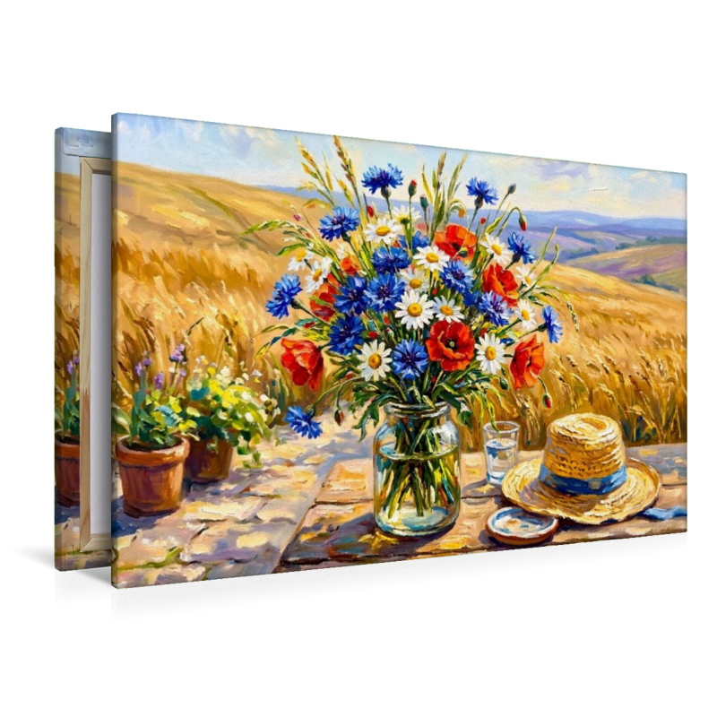 Sommerstrauß aus Mohn und Kornblumen im Hügelfeld