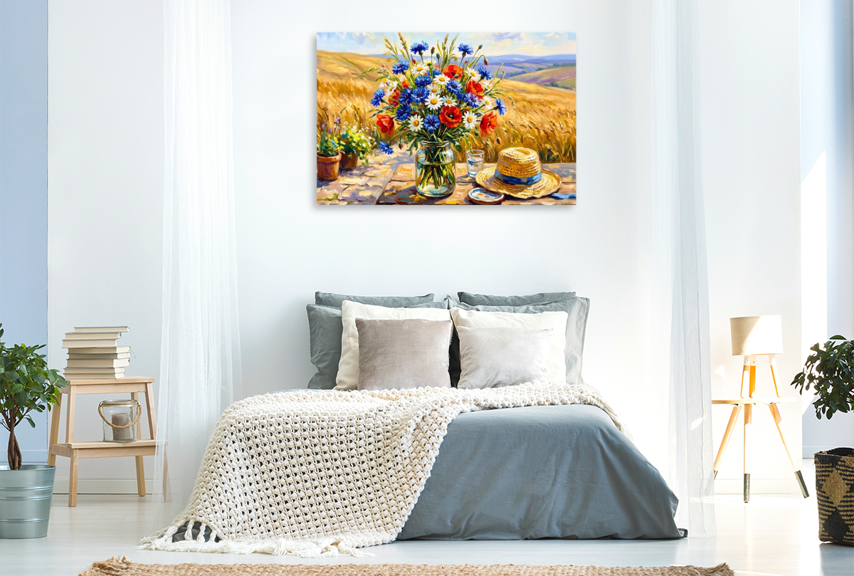Sommerstrauß aus Mohn und Kornblumen im Hügelfeld