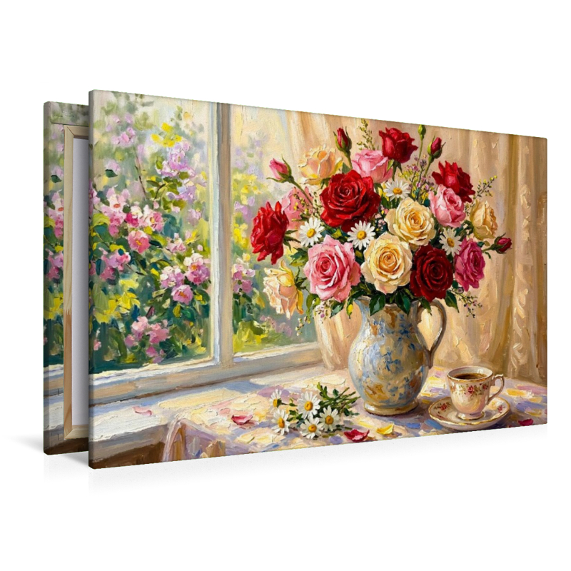 Romantischer Rosenstrauß mit blühendem Rosenbusch im Fensterblick