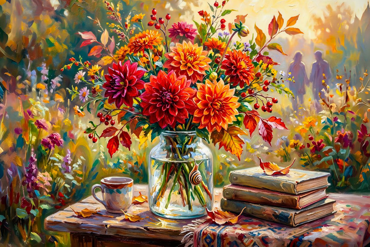 Herbstliches Dahlienstillleben mit Buch und Kaffee im Garten