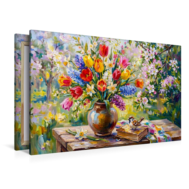 Farbenfroher Tulpenstrauß im blühenden Garten mit Buch und Spatz