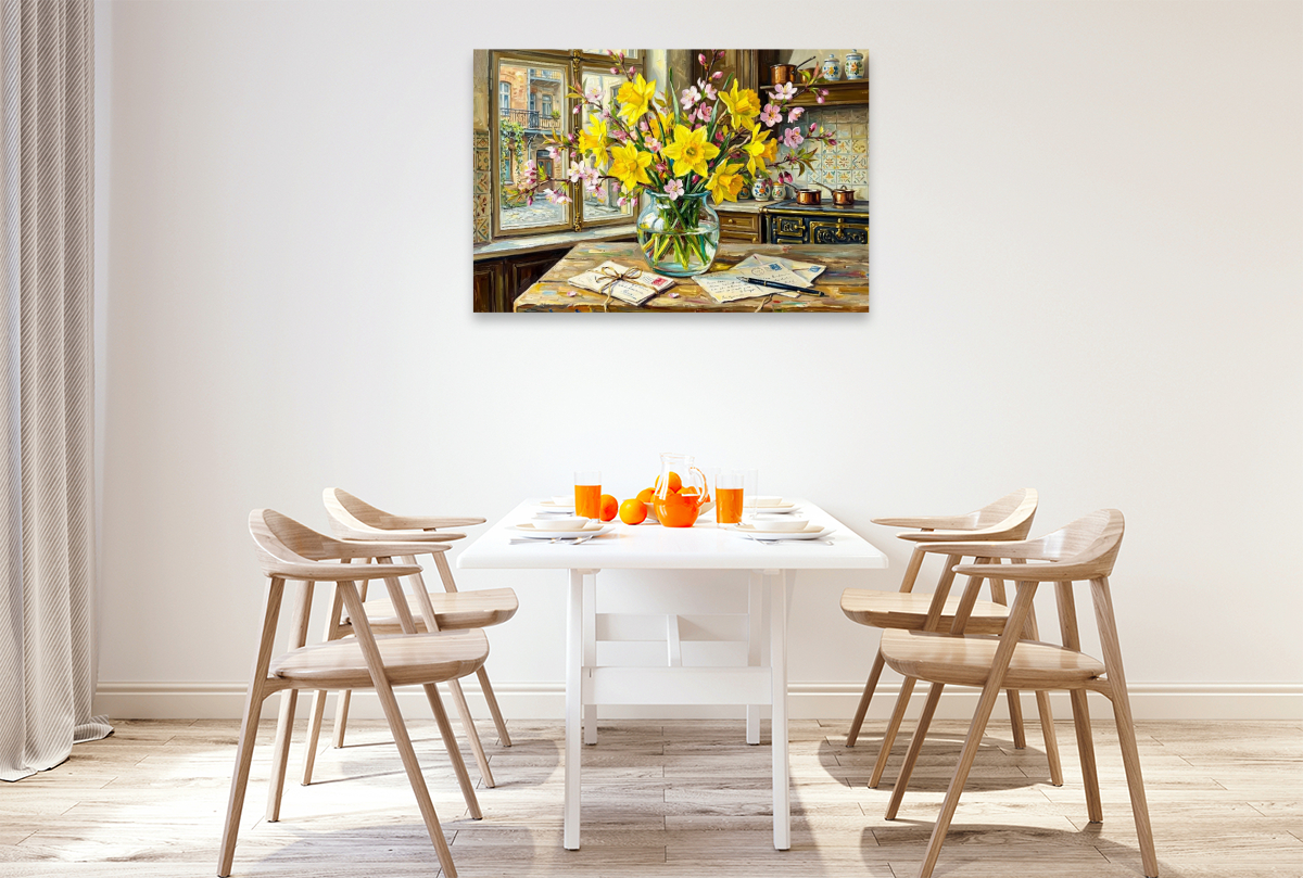 Frühlingsstrauß aus Narzissen und Blüten im Fensterlicht