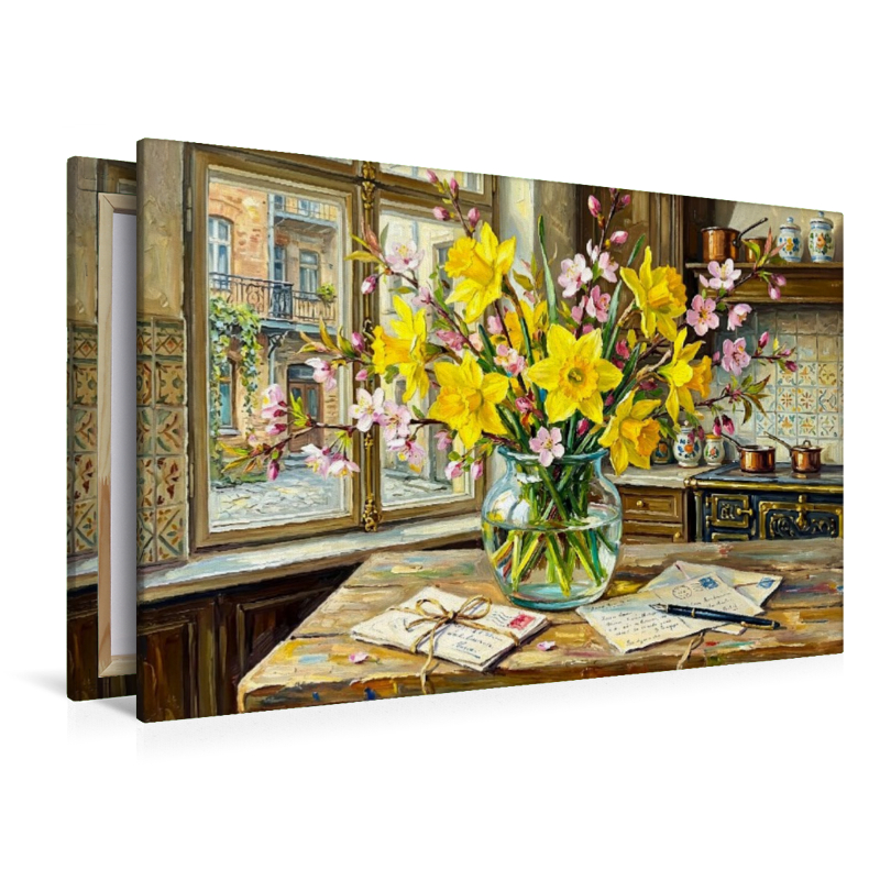 Frühlingsstrauß aus Narzissen und Blüten im Fensterlicht
