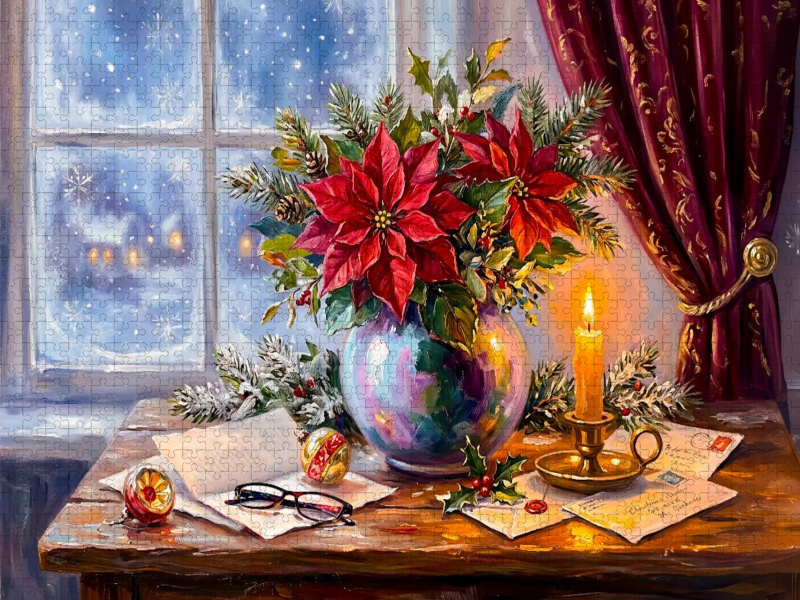 Festlicher Weihnachtssternstrauß mit Briefen und Brille im Winterfensterlicht