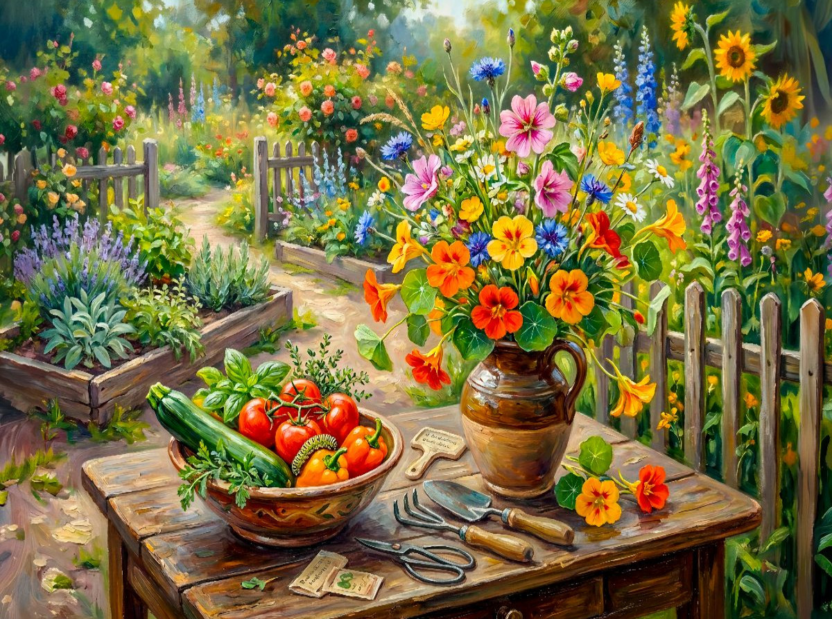 Sommerstrauß aus Malve Kapuzinerkresse und Kornblumen im Garten