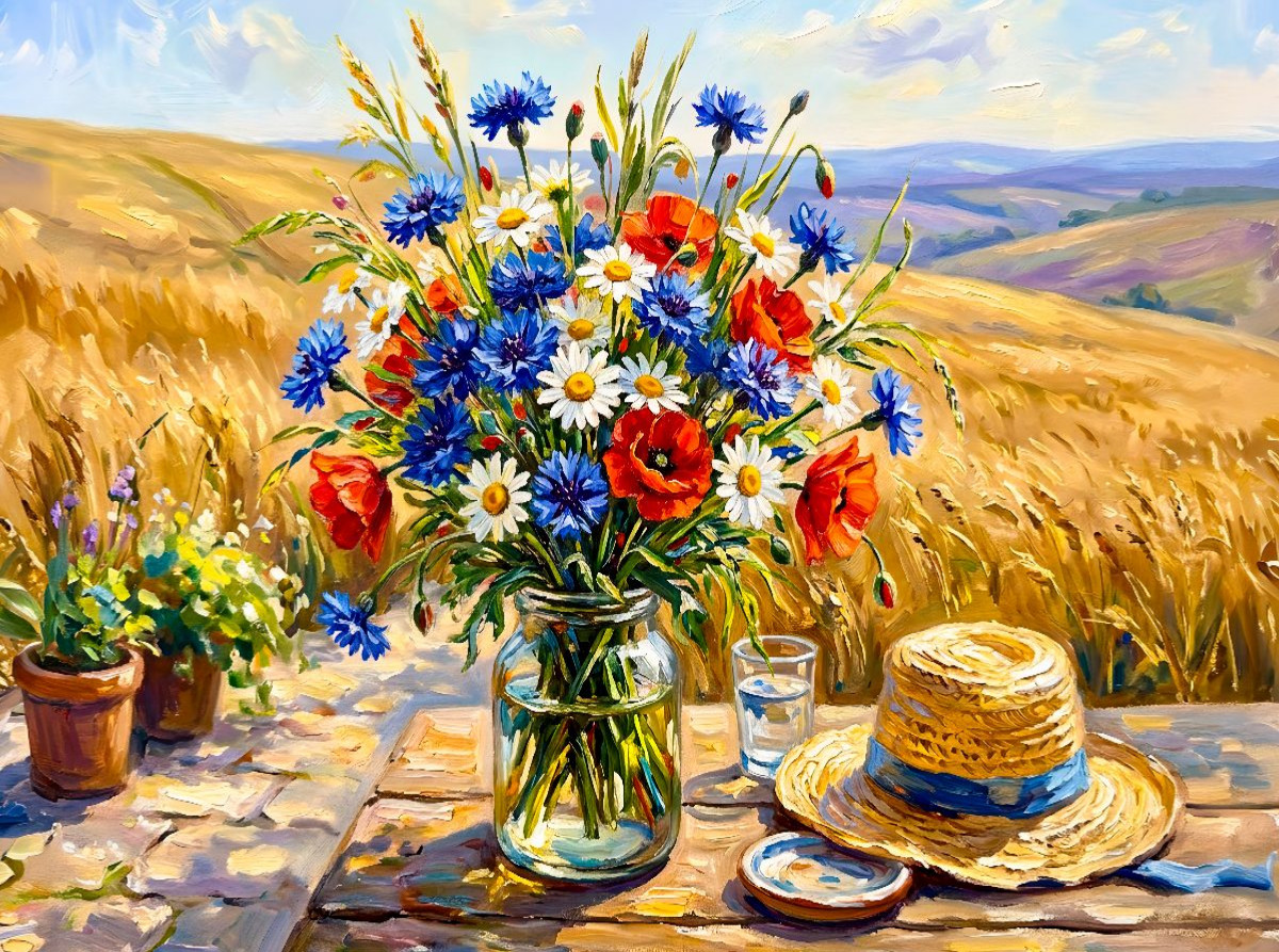 Sommerstrauß aus Mohn und Kornblumen im Hügelfeld