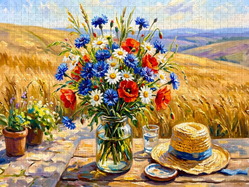 Sommerstrauß aus Mohn und Kornblumen im Hügelfeld