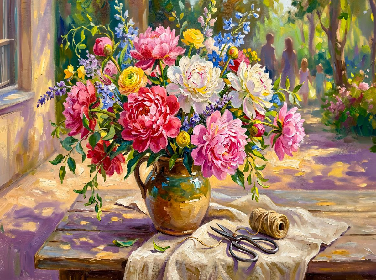 Sommerbouquet aus Pfingstrosen Ranunkeln und Rittersporn