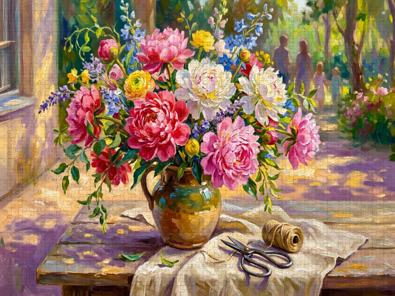 Sommerbouquet aus Pfingstrosen Ranunkeln und Rittersporn