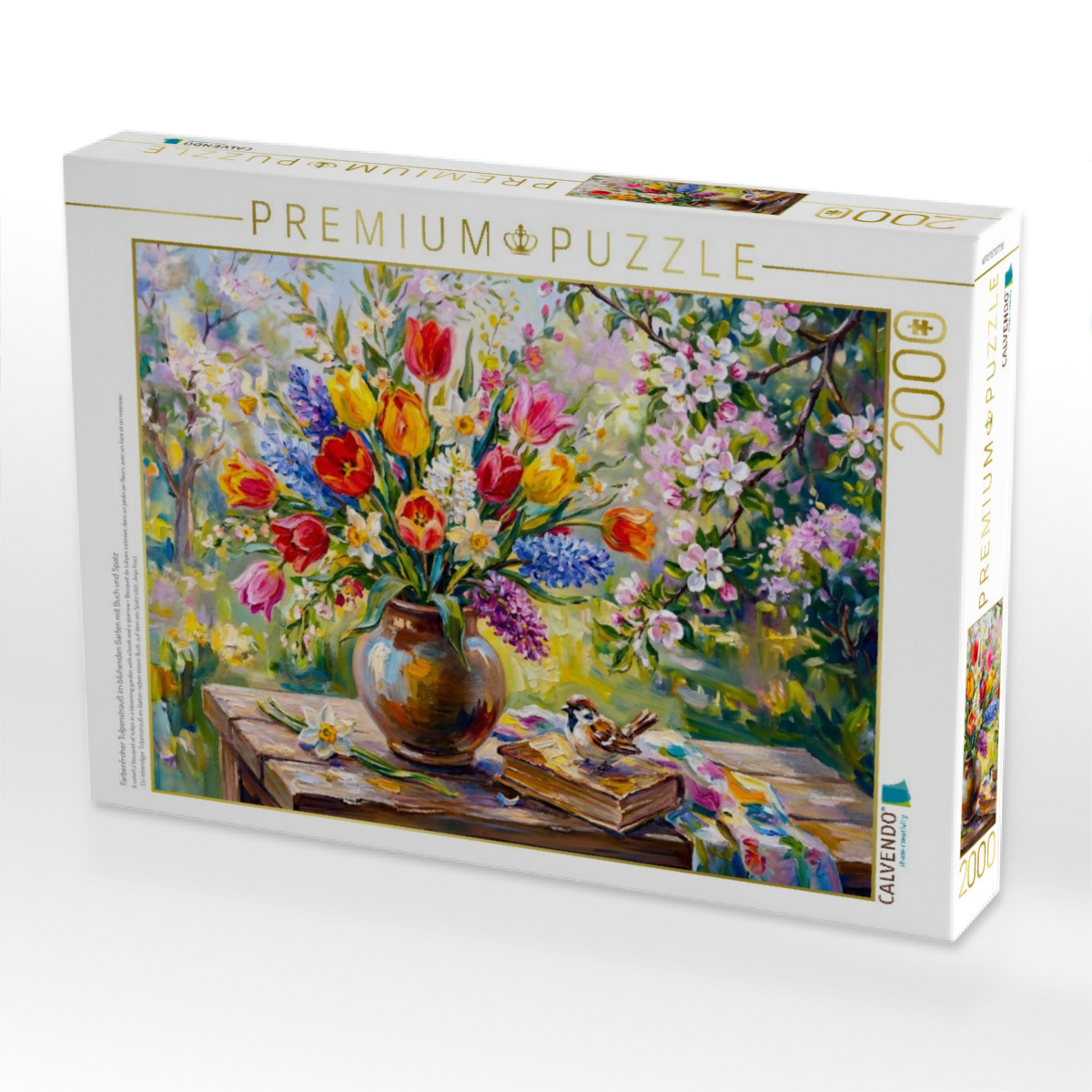 Farbenfroher Tulpenstrauß im blühenden Garten mit Buch und Spatz