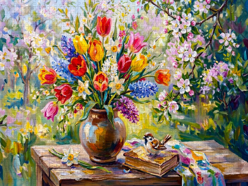 Farbenfroher Tulpenstrauß im blühenden Garten mit Buch und Spatz