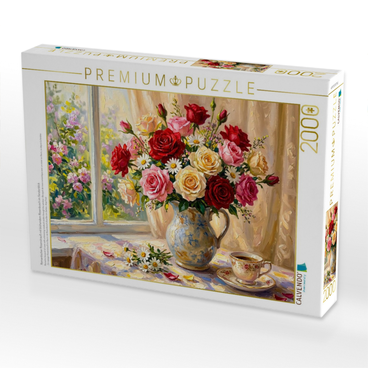Romantischer Rosenstrauß mit blühendem Rosenbusch im Fensterblick