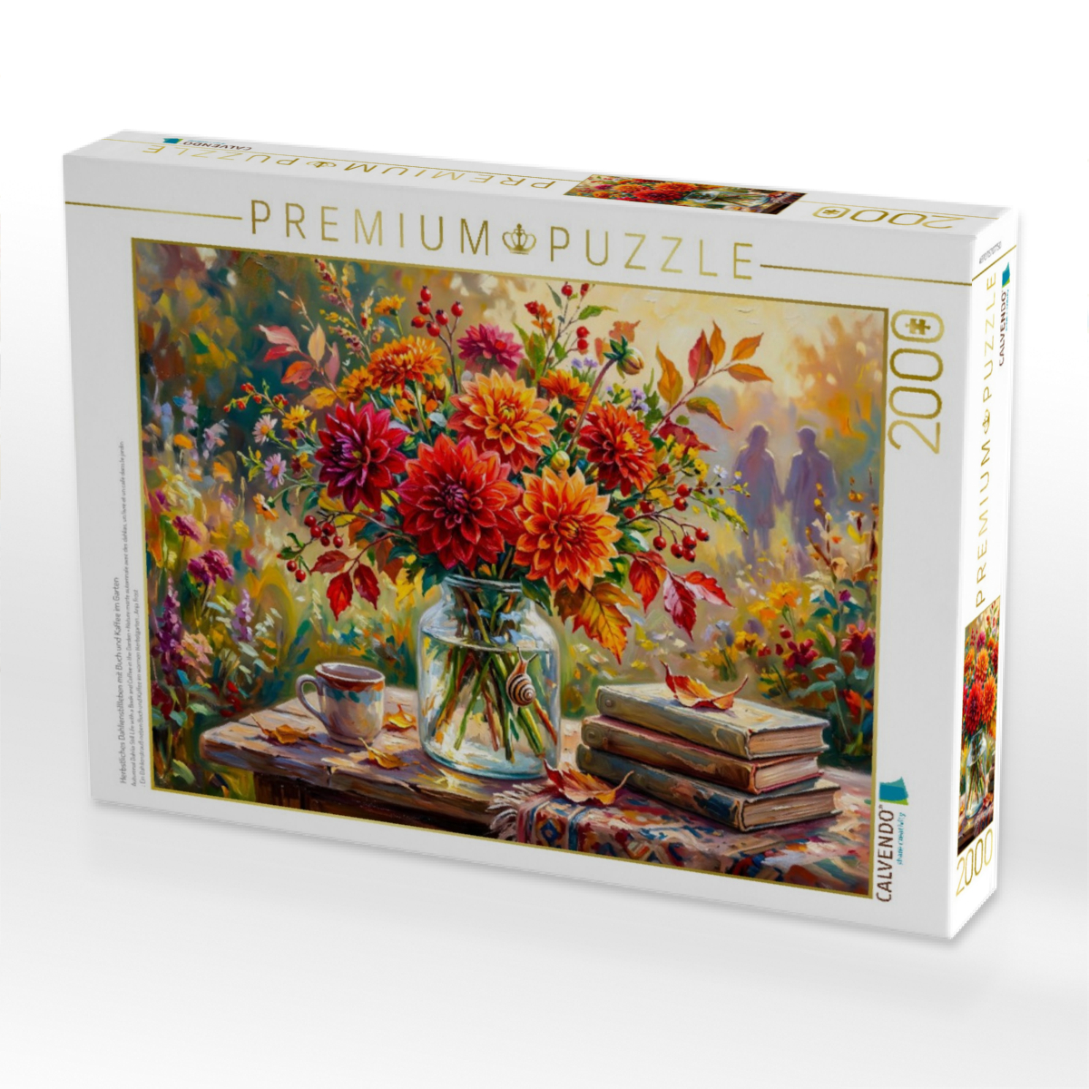 Herbstliches Dahlienstillleben mit Buch und Kaffee im Garten