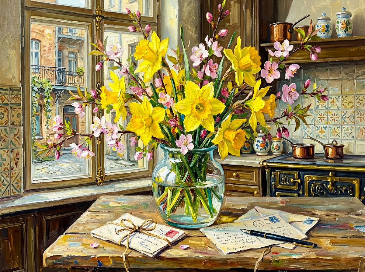 Frühlingsstrauß aus Narzissen und Blüten im Fensterlicht