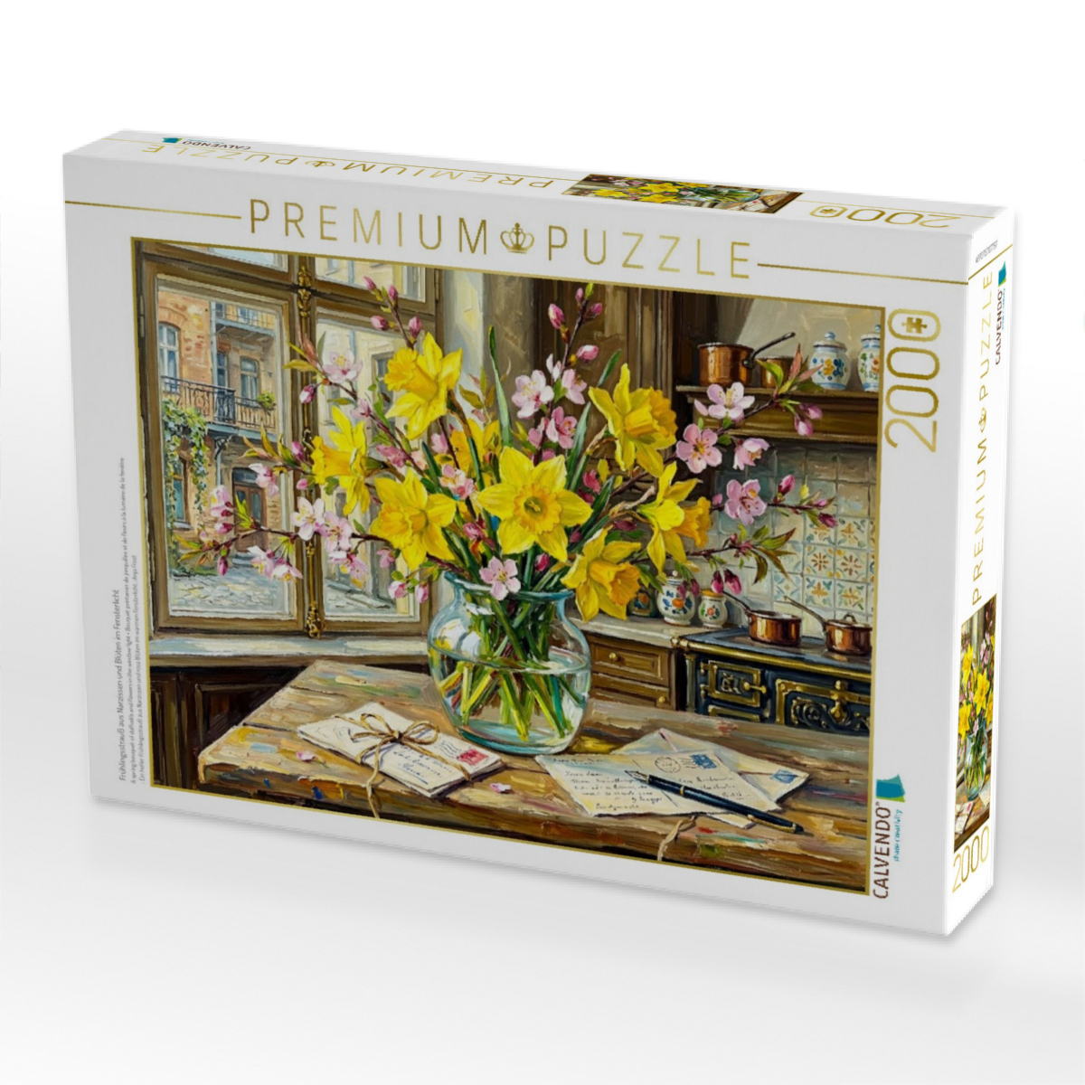 Frühlingsstrauß aus Narzissen und Blüten im Fensterlicht