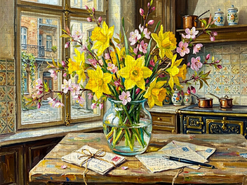 Frühlingsstrauß aus Narzissen und Blüten im Fensterlicht
