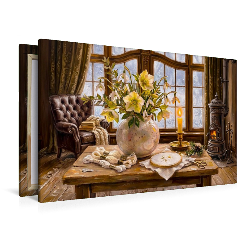 Christrosen und Schneeglöckchen. Winterblumenarrangement im historischen Gründerzeitzimmer Stillleben