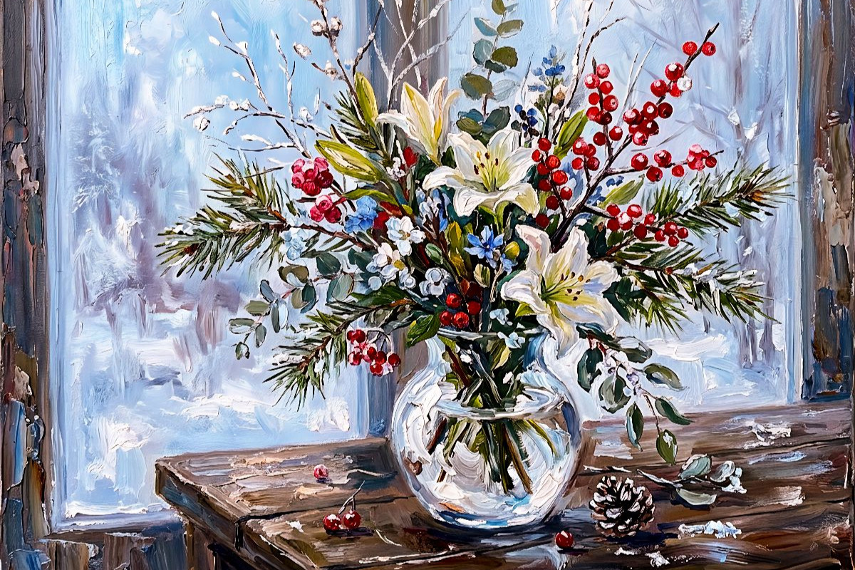 Winterlicher Blumenstrauß im frostigen Fensterlicht Stillleben
