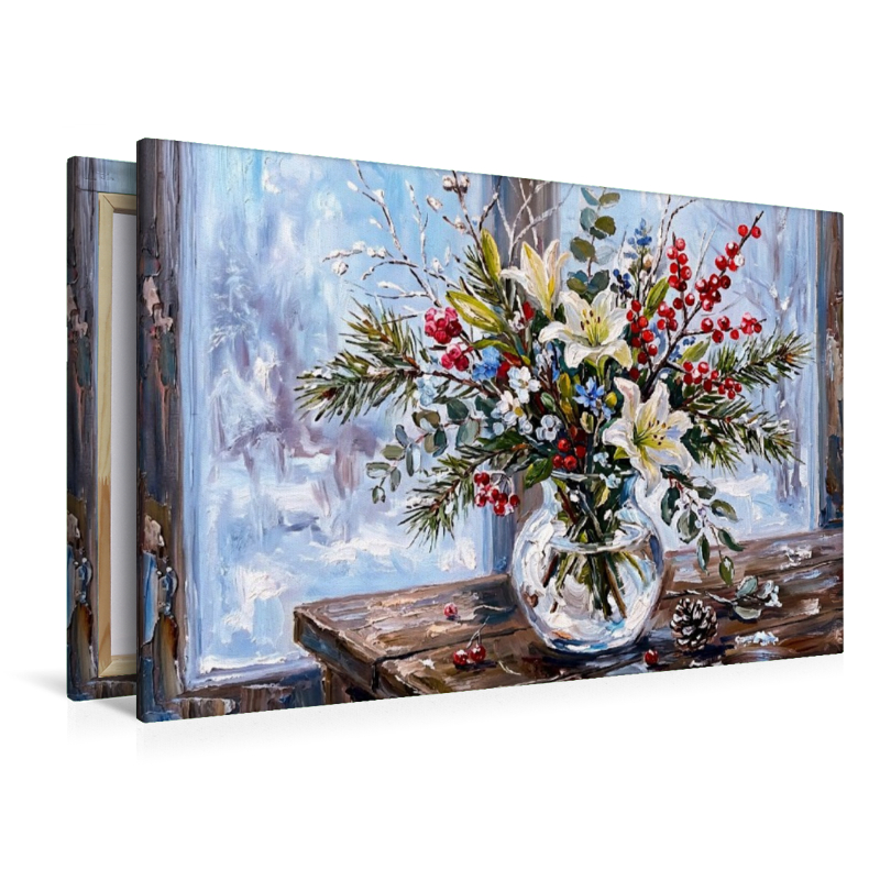 Winterlicher Blumenstrauß im frostigen Fensterlicht Stillleben