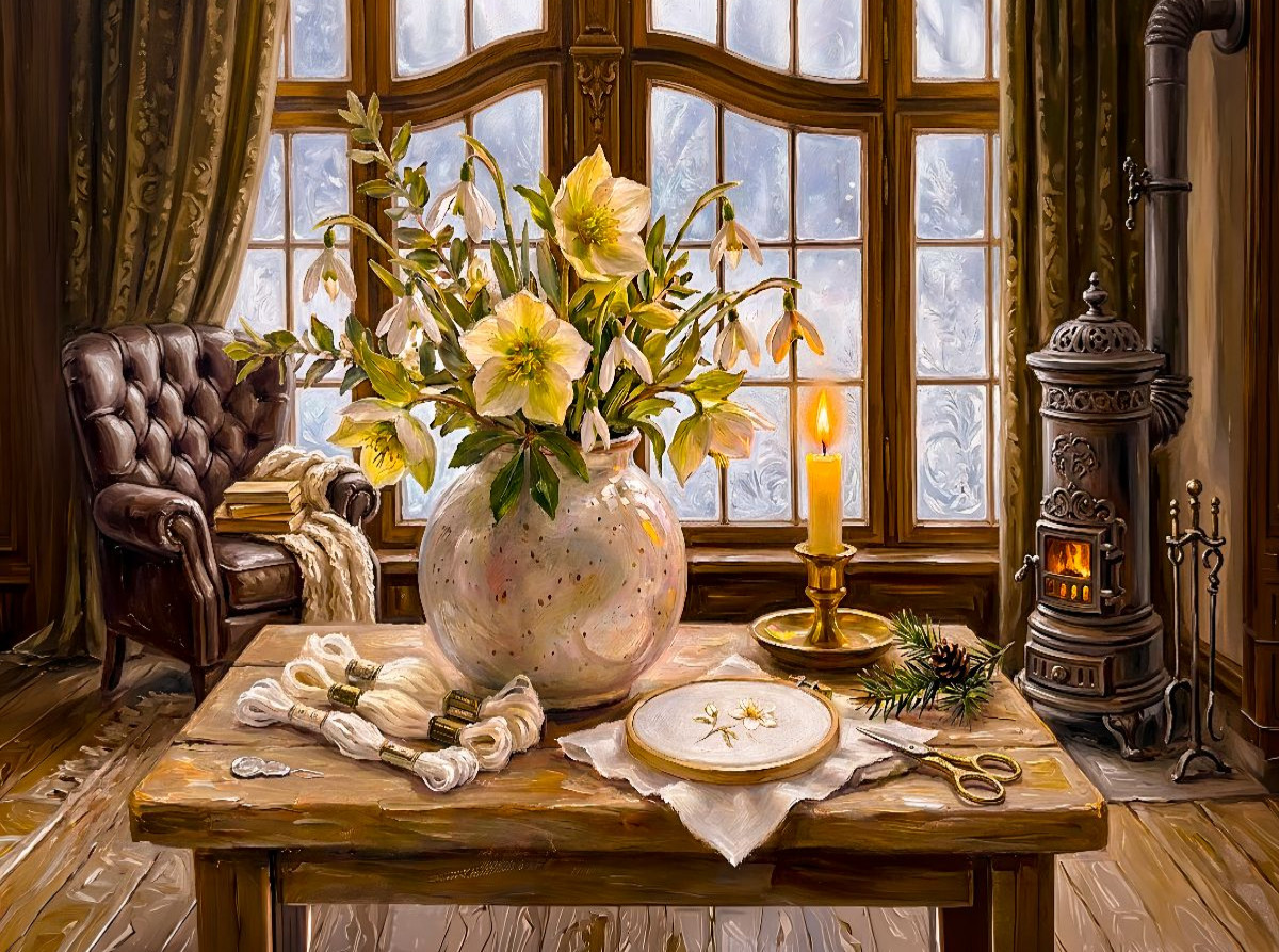 Christrosen und Schneeglöckchen. Winterblumenarrangement im historischen Gründerzeitzimmer Stillleben