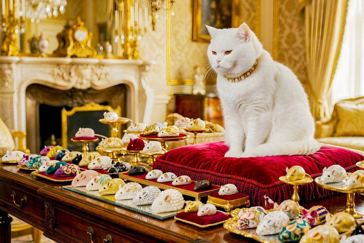 Prunksaal Katze mit edler Sammlung luxuriöser Mäusespielzeuge