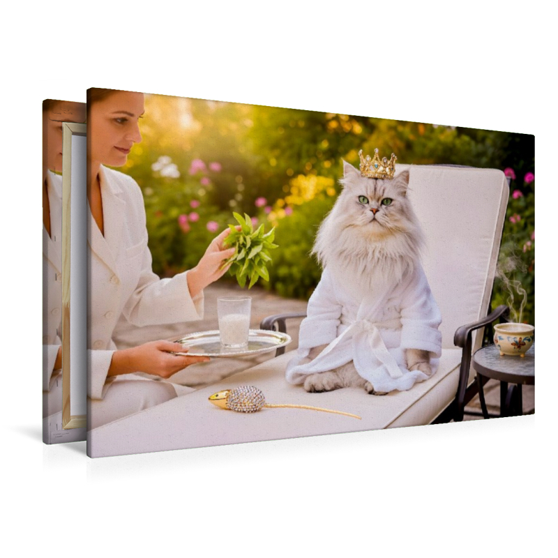 Perserkatze im Garten auf Liegestuhl mit königlichen Wellnessaccessoires