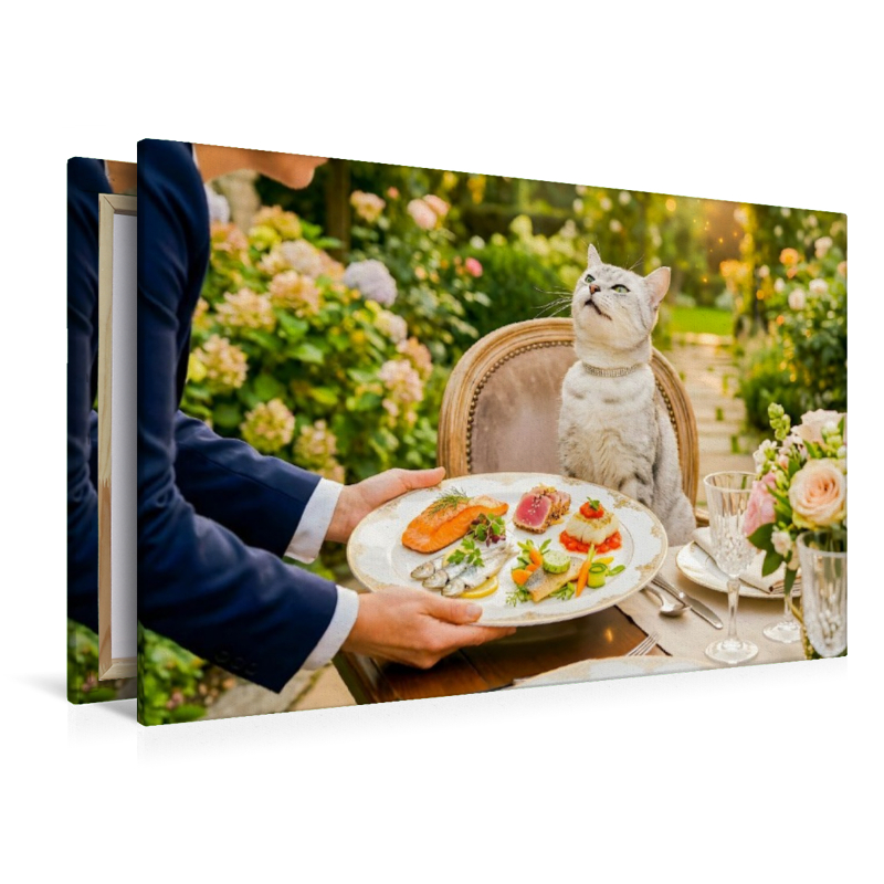 Katze am Gartentisch mit edlem Service luxuriöser Fischhäppchen