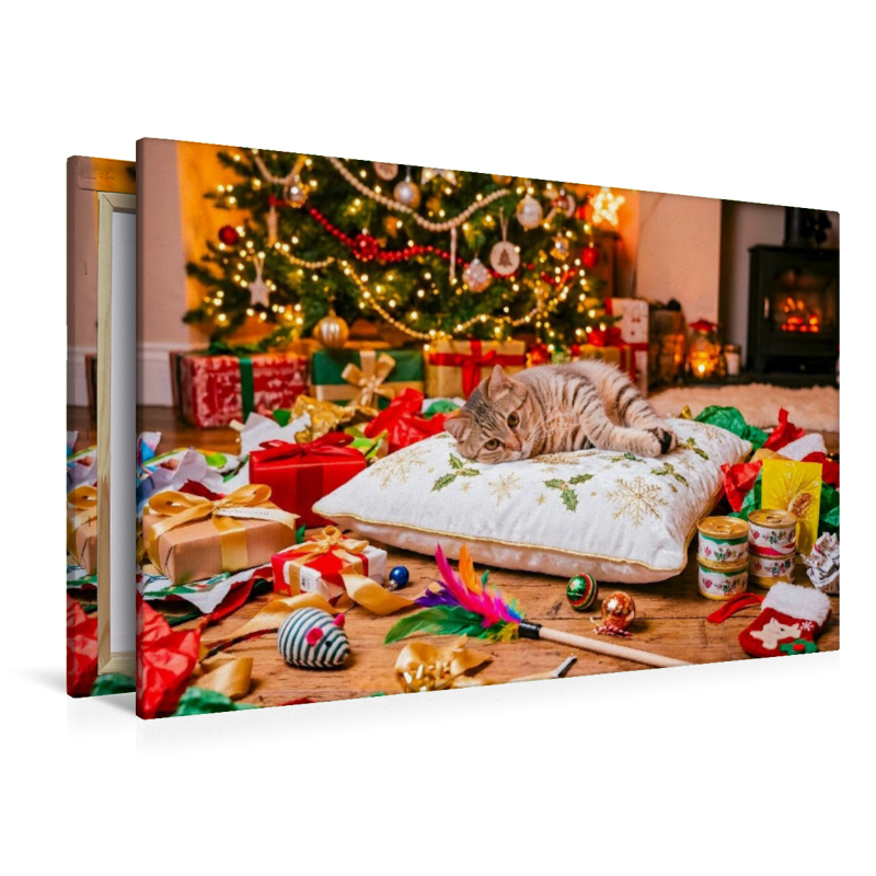 Graugetigerte Katze entspannt auf Weihnachtskissen zwischen festlichen Spielzeuggeschenken