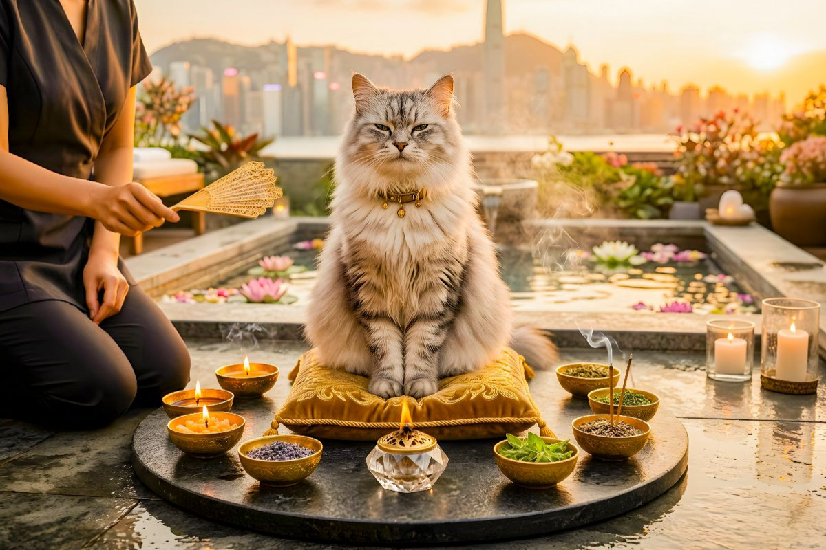 Getigerte Langhaarkatze auf asiatischer Dachterrasse mit aromatischer Abendstimmung