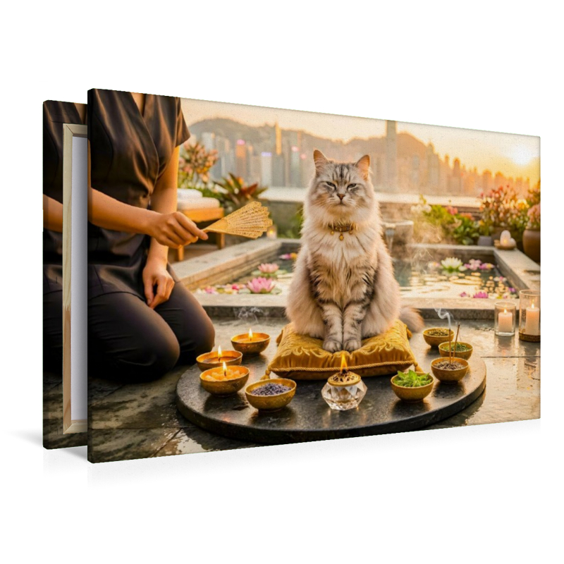 Getigerte Langhaarkatze auf asiatischer Dachterrasse mit aromatischer Abendstimmung